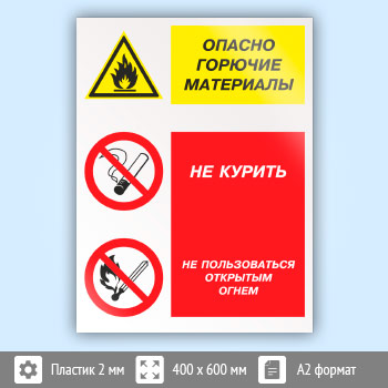 Знак «Опасно горючие материалы - не курить и не пользоваться открытым огнем», КЗ-45 (пластик, 400х600 мм)